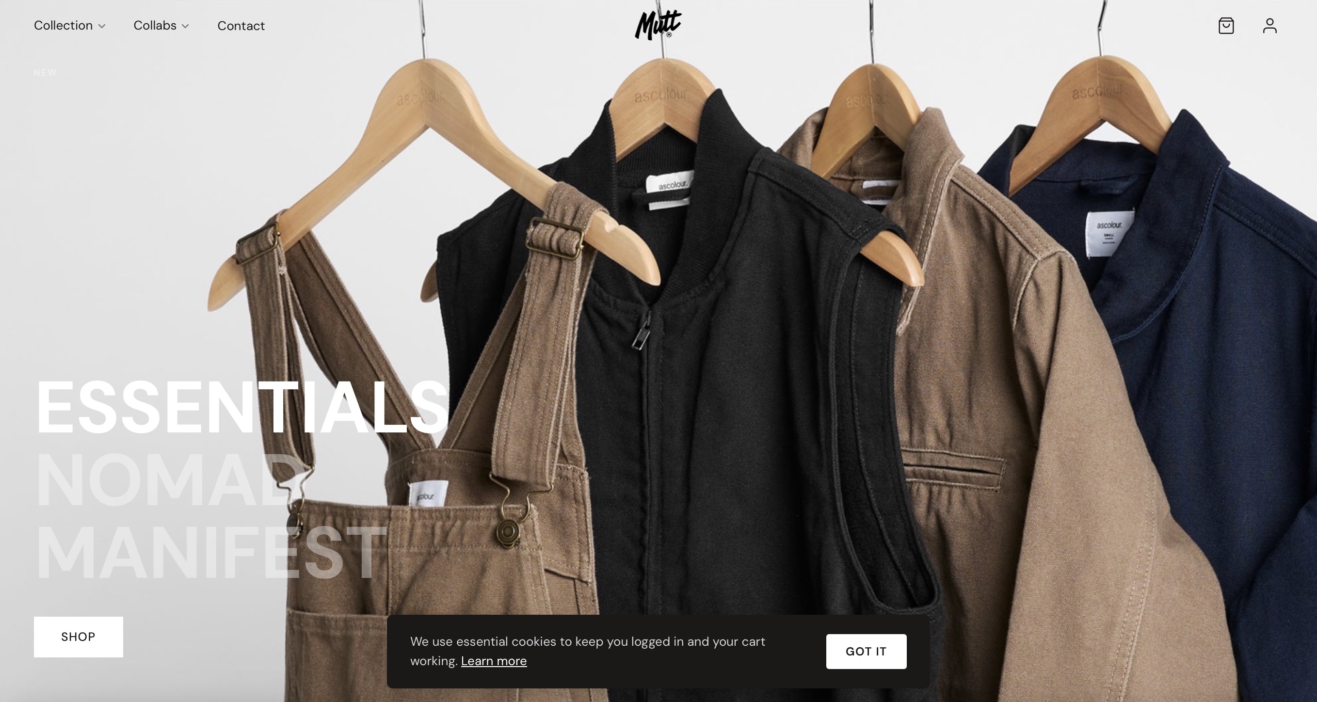Mutt Clothing homepage — hanging garments, Essentials collection hero